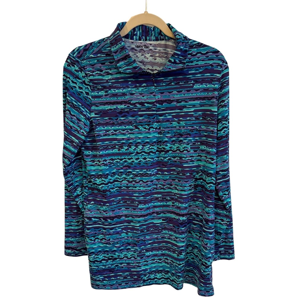 Lands End Womens Blue Purple Abstract Print Long Sleeve Tunic Top Size M‎